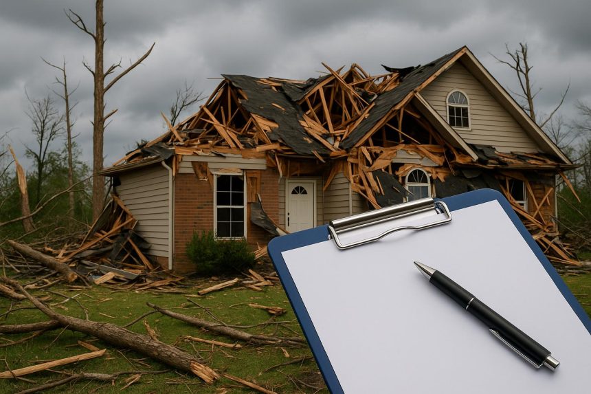 Public adjuster reviewing hurricane storm damage to help with insurance claim process