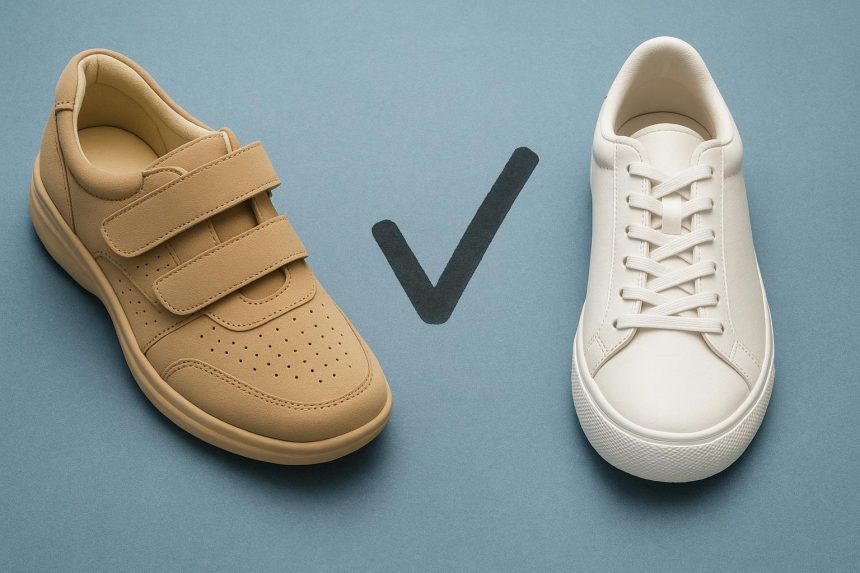 Orthopedic shoe and regular shoe side by side, highlighting differences in foot support and design