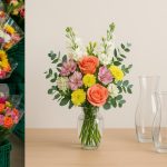 Vibrant mixed bouquet of fresh flowers arranged in a stylish vase on a modern table