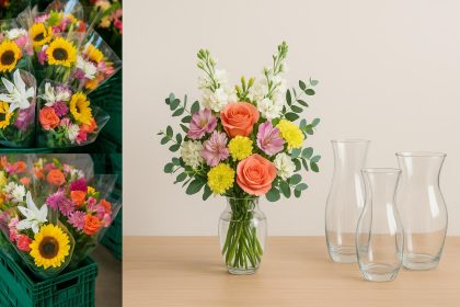 Vibrant mixed bouquet of fresh flowers arranged in a stylish vase on a modern table