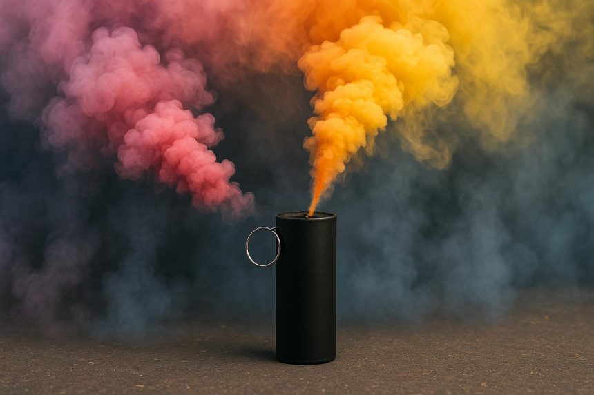 Colorful smoke bomb releasing vibrant smoke outdoors, illustrating safe smoke bomb usage.