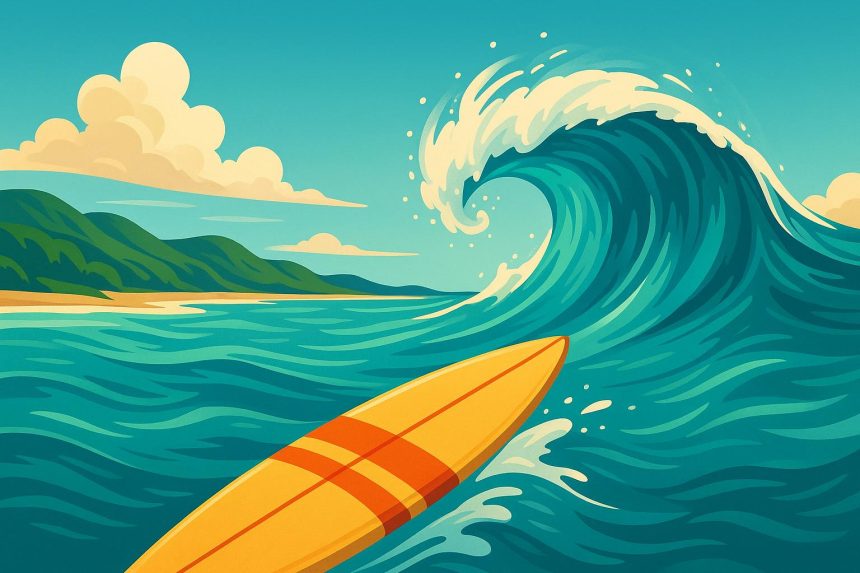 Surfer riding a wave during a lesson, showcasing surf instruction for all skill levels