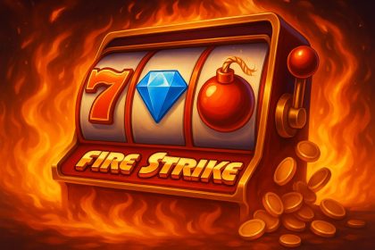 Blazing slot machine reels and fire symbols showcasing Fire Strike online casino game excitement