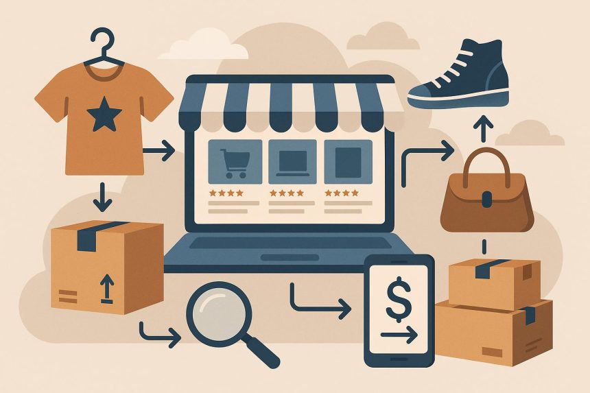 Laptops, packaging boxes, and clothing on racks representing online resale business operations