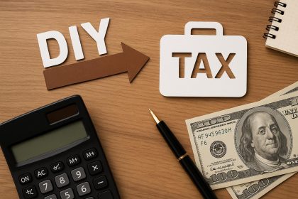 Calculator, tax documents, and financial charts representing the shift to professional tax management