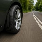 Close-up of car tires and wheels showing precise alignment on a smooth road surface