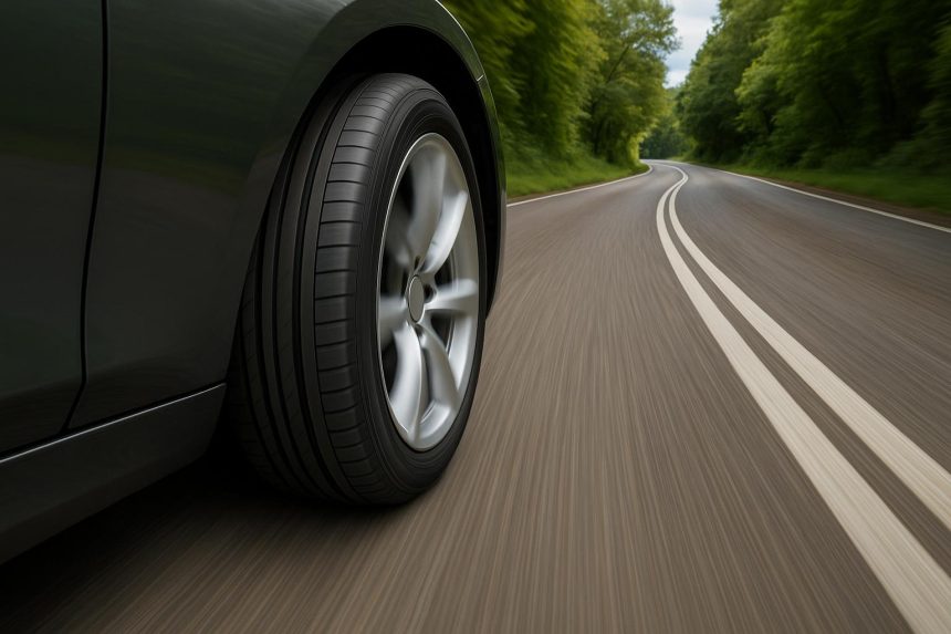 Close-up of car tires and wheels showing precise alignment on a smooth road surface