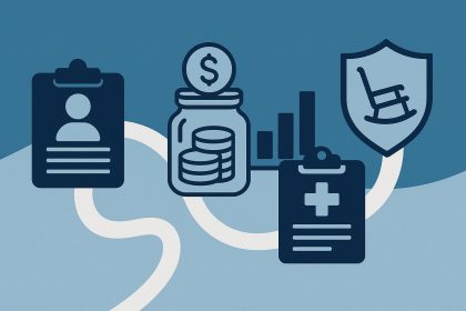 Financial planner analyzing retirement options and health insurance documents on a desk