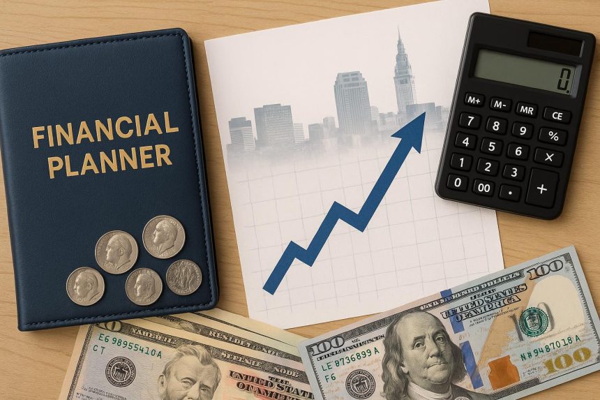 Financial advisor reviewing documents and charts with Cleveland skyline in the background