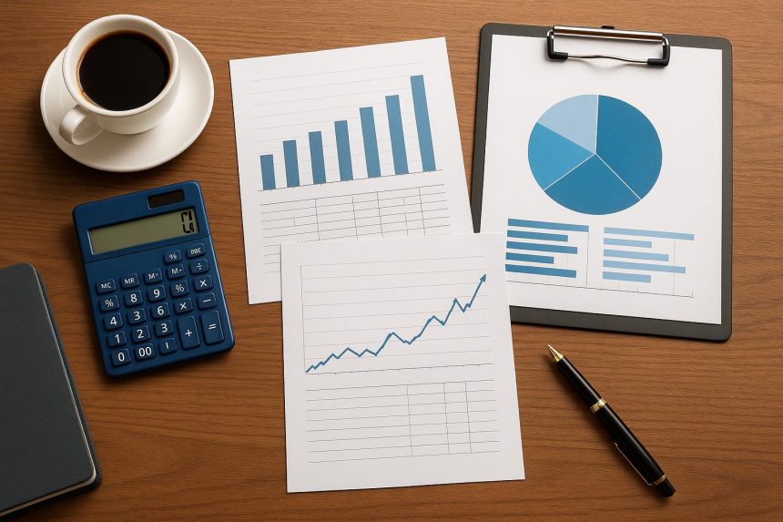 Financial report with charts and graphs on a desk, illustrating small business accounting
