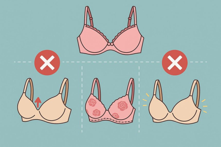 Bras suitable for lumpectomy recovery displayed on a bed with supportive features highlighted