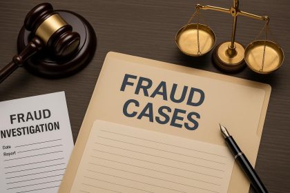 Litigation lawyer reviewing fraud case documents in a Houston law office setting