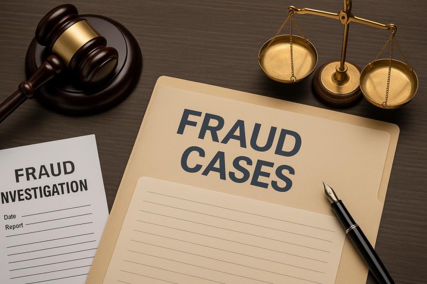 Litigation lawyer reviewing fraud case documents in a Houston law office setting