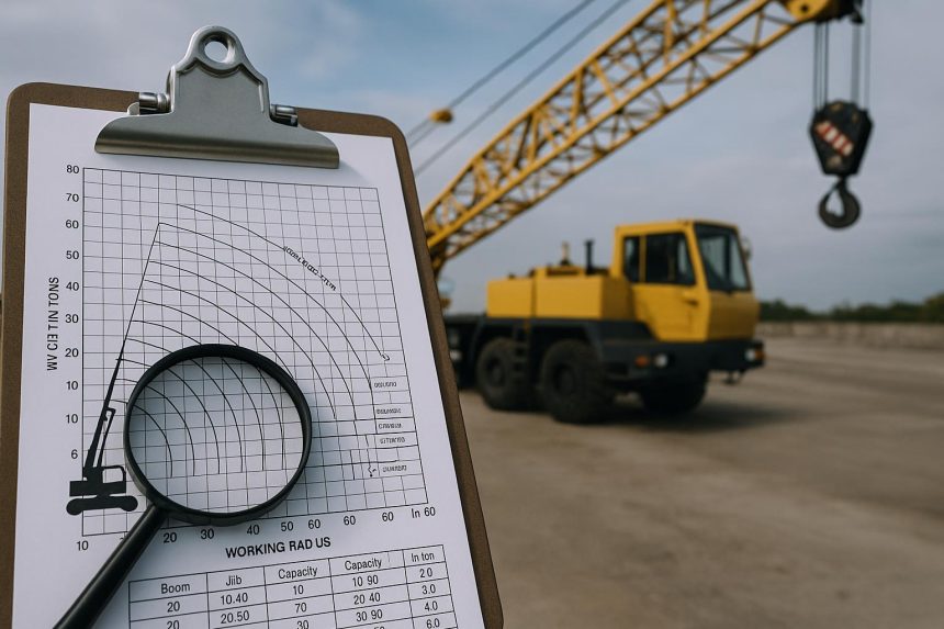 Crane operator reviewing load chart diagrams during crane operation analysis process