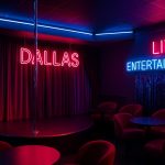 Colorful stage lights and vibrant interior of a Dallas strip club during live entertainment night