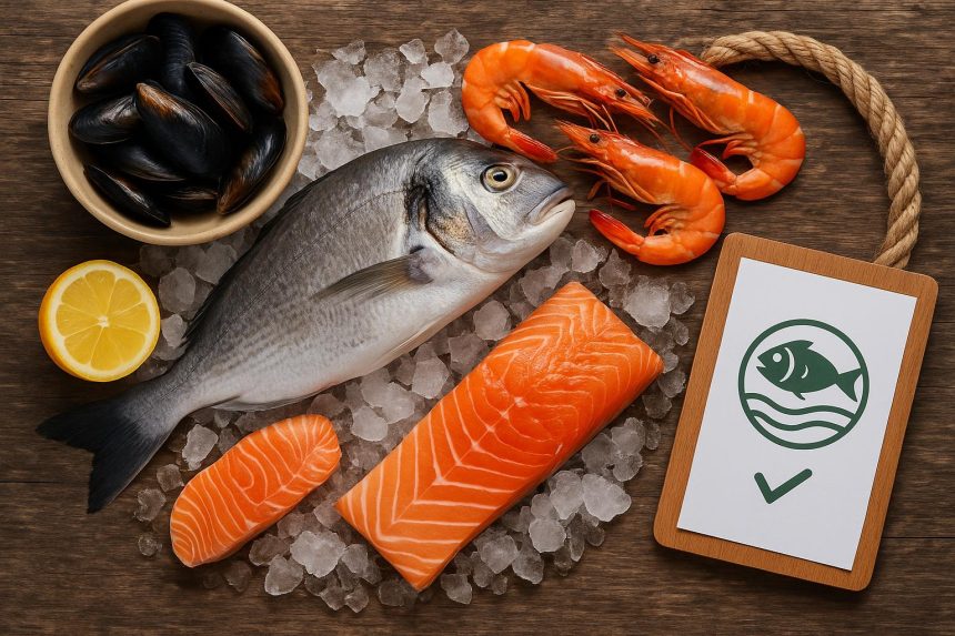 Fresh seafood selection displayed on ice at a market, highlighting sustainable sourcing options