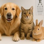 Veterinarian examining a happy dog during a routine health checkup at a modern animal clinic