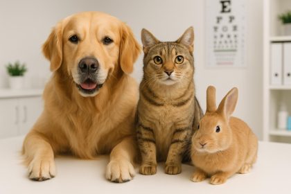 Veterinarian examining a happy dog during a routine health checkup at a modern animal clinic