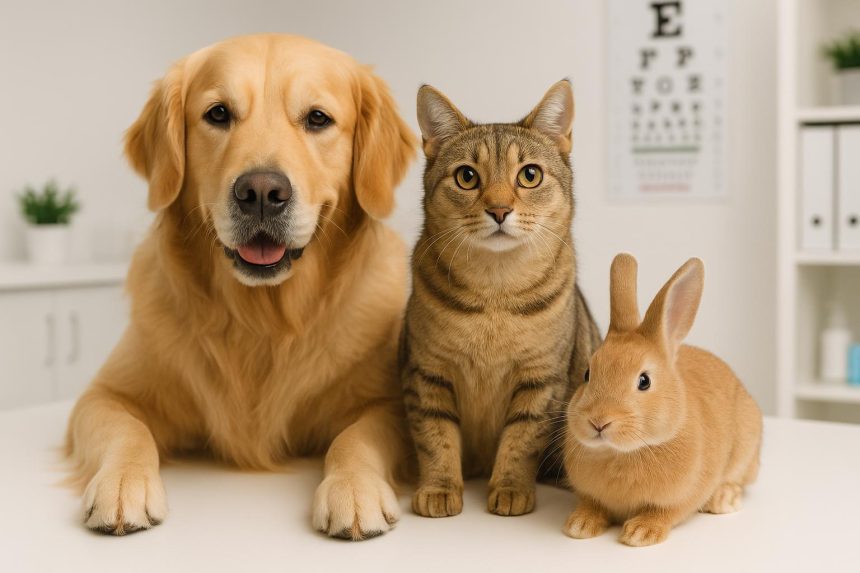 Veterinarian examining a happy dog during a routine health checkup at a modern animal clinic