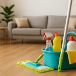 Clean, organized living room with fresh plants and sunlight promoting a healthy home environment