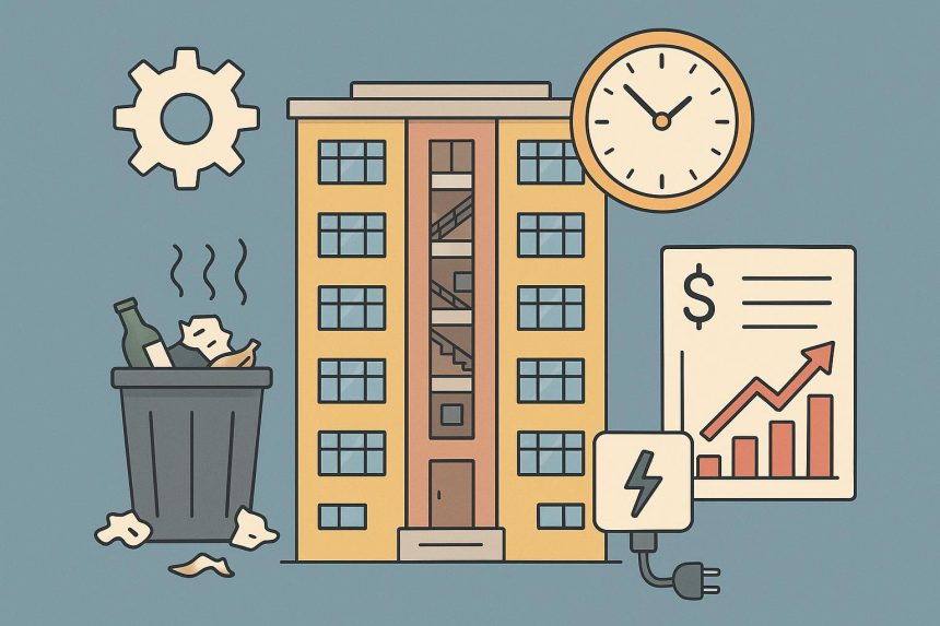 Stack of paperwork and cluttered office desk illustrating common strata management inefficiencies