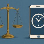 Scales of justice overlaid on a digital clock symbolizing legal timelines in the digital age