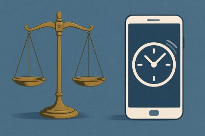 Scales of justice overlaid on a digital clock symbolizing legal timelines in the digital age