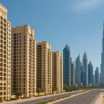 Modern affordable apartment buildings in Dubai with city skyline in the background