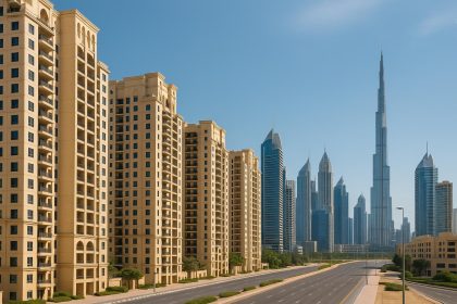 Modern affordable apartment buildings in Dubai with city skyline in the background