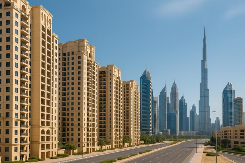 Modern affordable apartment buildings in Dubai with city skyline in the background