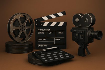 Film cameras and lighting equipment set up on a professional production set in Thailand.