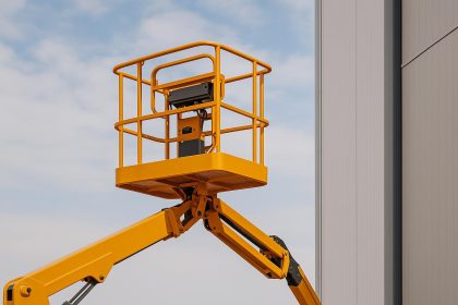 Certified safety baskets elevating workers for height access during construction maintenance tasks