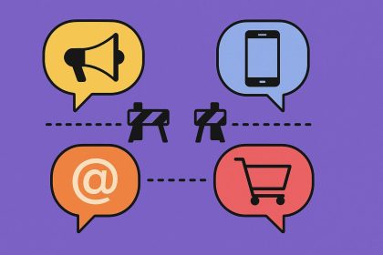 Disconnected digital marketing channels concept with separated icons and broken communication lines