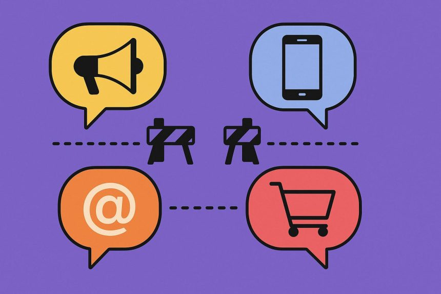 Disconnected digital marketing channels concept with separated icons and broken communication lines