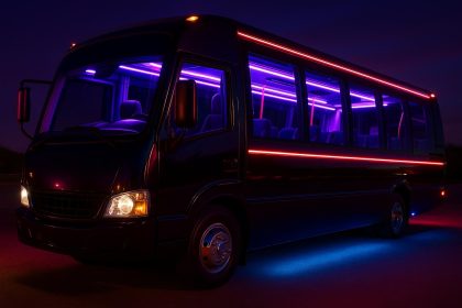 Luxury party bus interior with colorful lights and seating, highlighting group celebration benefits