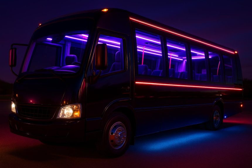 Luxury party bus interior with colorful lights and seating, highlighting group celebration benefits