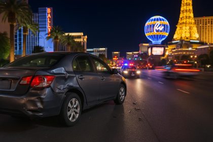 Damaged car on Las Vegas street after hit-and-run accident, flashing police lights nearby