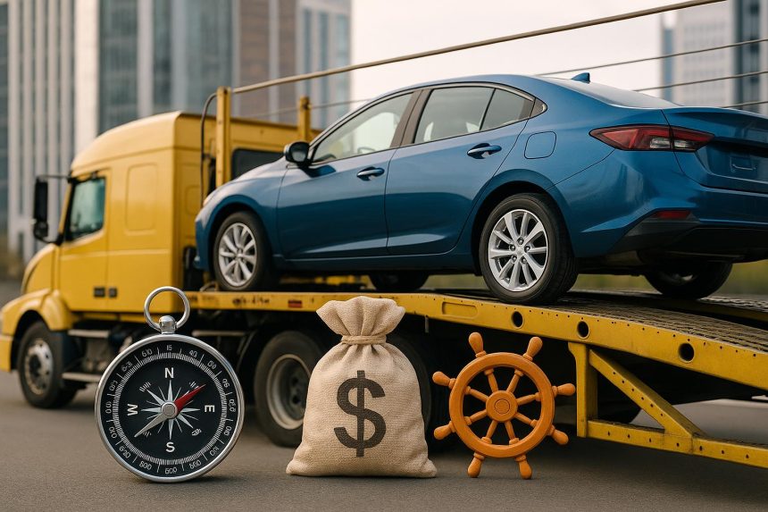 Car carrier truck transporting multiple vehicles on highway, representing car shipping costs factors.