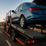 Auto transport truck hauling multiple cars on highway, illustrating car shipping for long-distance moves