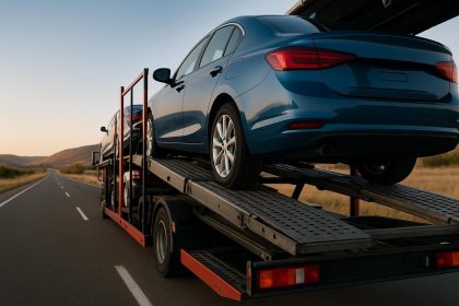 Auto transport truck hauling multiple cars on highway, illustrating car shipping for long-distance moves