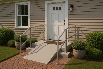 Accessible home entrance with ramp and wide doorway for improved comfort and mobility
