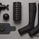 Sports recovery gadgets including massage gun, foam roller, compression sleeves, and ice packs.