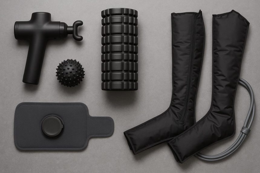 Sports recovery gadgets including massage gun, foam roller, compression sleeves, and ice packs.