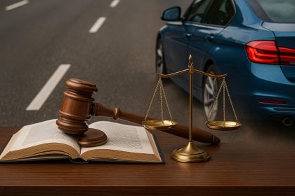 Sports car driving fast on city street, illustrating legal defense strategies for exhibition of speed