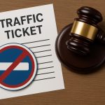 Traffic ticket and gavel on courtroom desk representing legal help for traffic violations