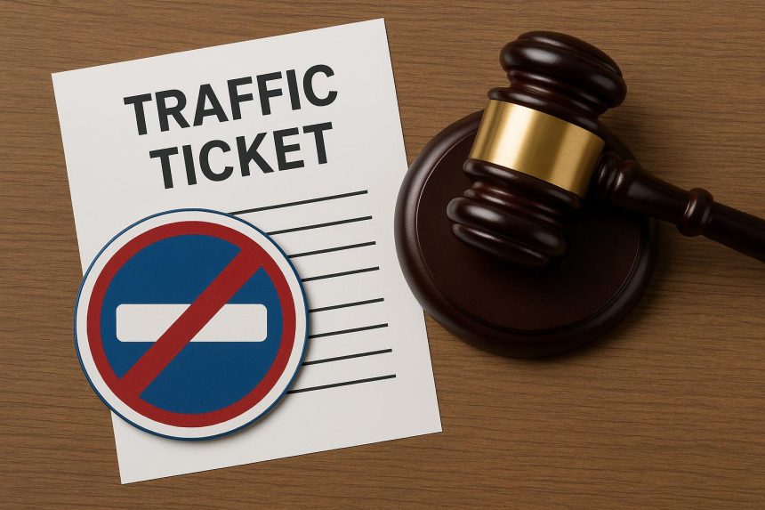 Traffic ticket and gavel on courtroom desk representing legal help for traffic violations