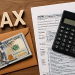 Stack of tax forms with a calculator, pen, and dollar bills representing legal tax reduction tips