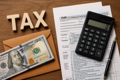 Stack of tax forms with a calculator, pen, and dollar bills representing legal tax reduction tips
