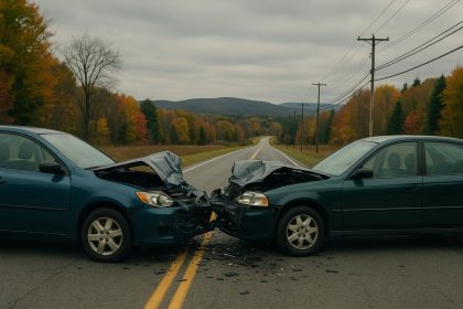 Wrecked cars and debris scattered on a rural road after a Western Massachusetts car crash