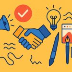 Colorful illustrations connecting various brand logos with creative design elements and agency icons